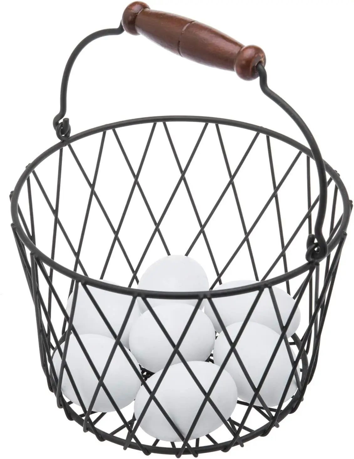 Matte Black Metal Egg Basket with Wood Handle Wire Gathering Basket Decorative Multipurpose Kitchen Storage Fruit Bins