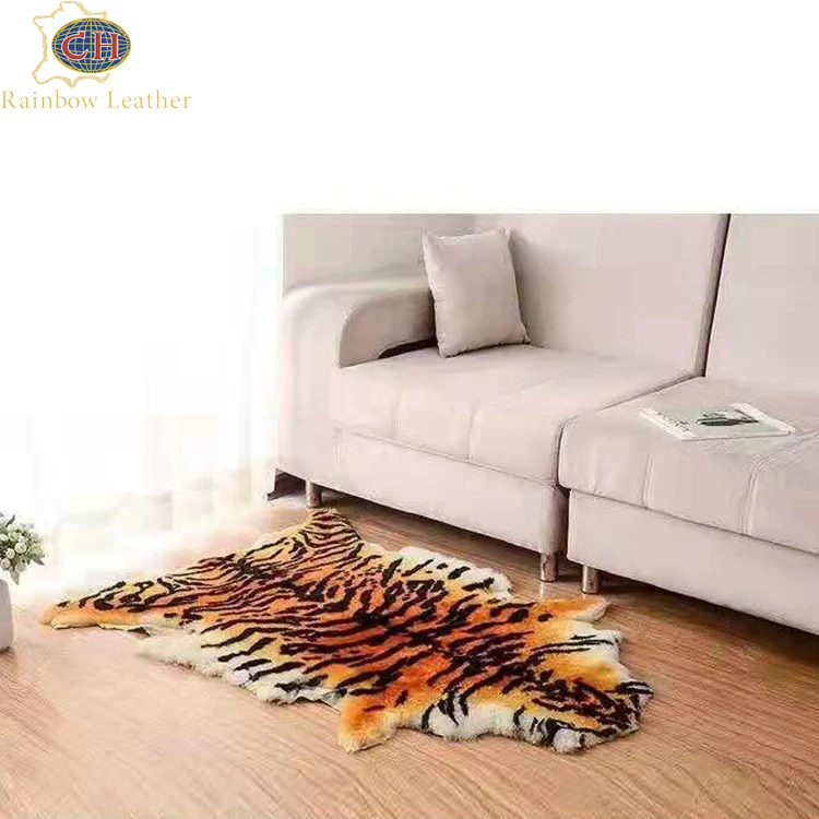 Real sheepskin fur rug long pile tiger shape printed animal genuine leather rug