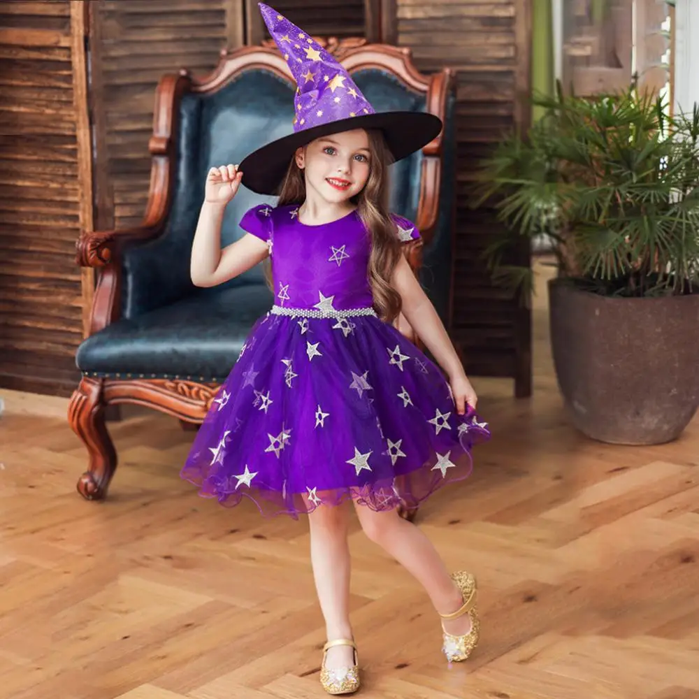 
2019 New Autumn Kids Girls Halloween Cosplay Dresses With Witch Hat Baby Girl Star Party Dress Pearl Beading Lace Ball Gown 