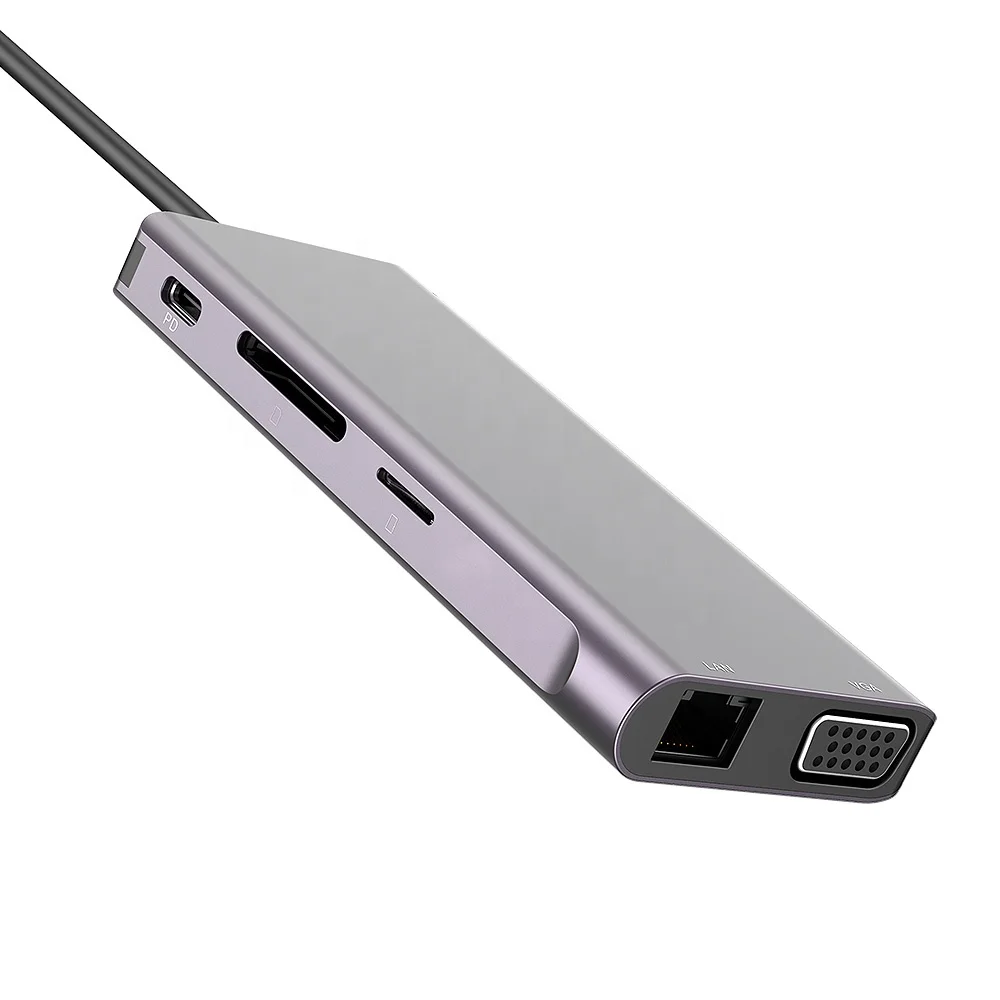 China Manufacturer OEM Custom Extension 3 USB 3.0 Port USB Hub 9 in 1 Type C Docking Station with card reader PD HD-MI LAN VGA