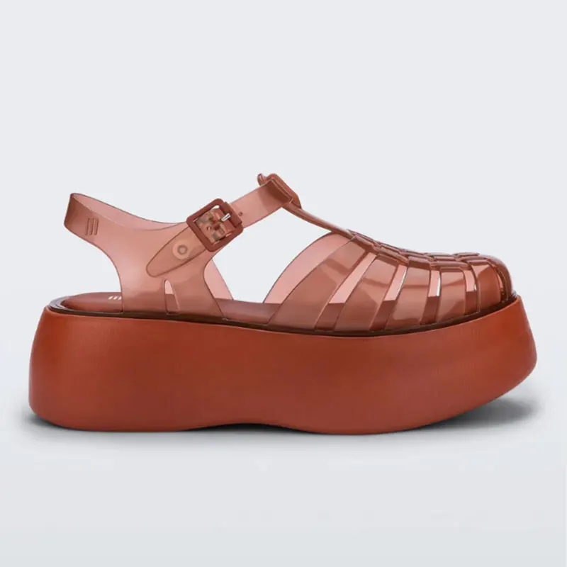 Xinzirain Custom Solid Color Transparent Thick Sole Ankle Buckle Strap Closed Toe Flat Summer Platform Jelly Sandals Women