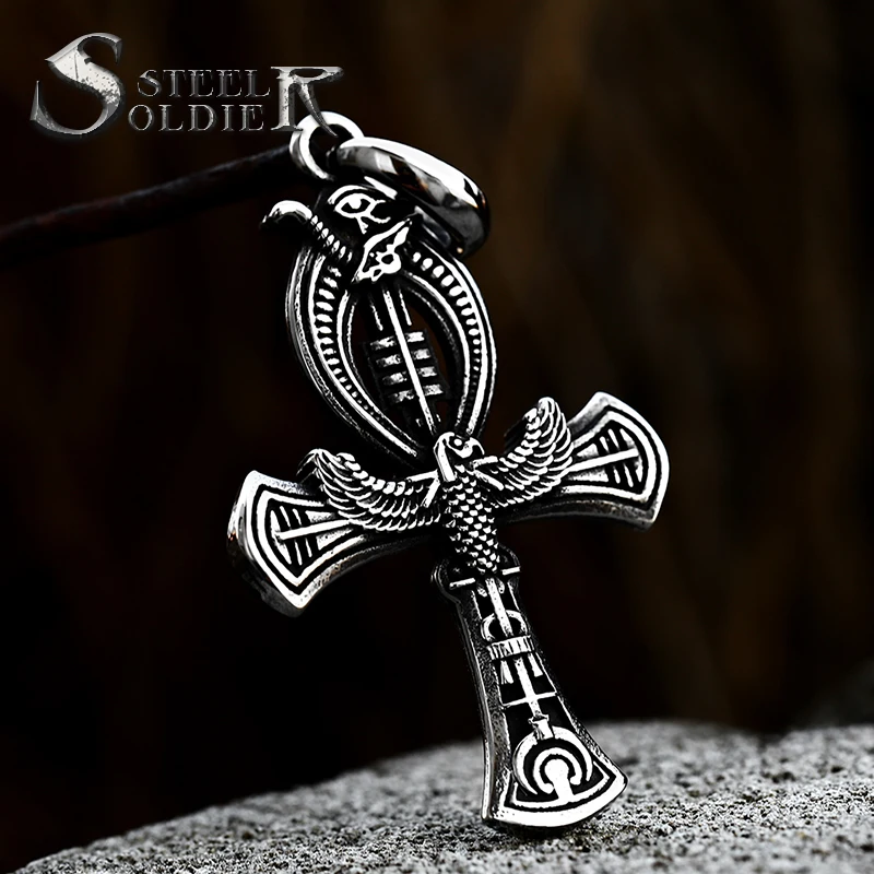 SS8-803P Egyptian Cross of Life Scepter Pendant Eagle Necklace Punk Jewelry For Men Wholesale
