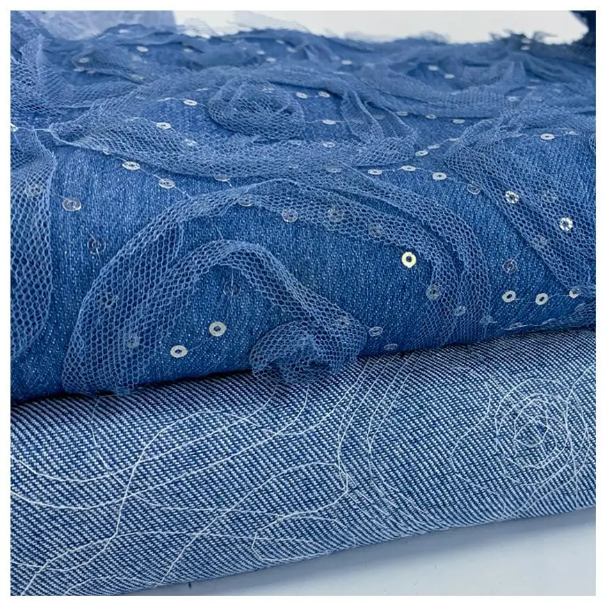 Henry Factory Wholesale High Quality Woven Rose Lace Denim Embroidery Fabric For Fashion Dress Coats
