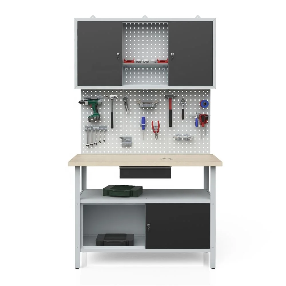 Functional  metal workbench set with storage tool cabinets in workshop and garage