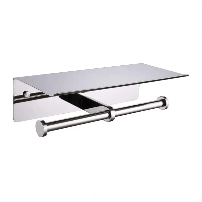 Double Toilet Paper Holder with Shelf Polished Chrome SUS304 Stainless Steel Contemporary Bathroom Tissue Roll Holder Cell Phone