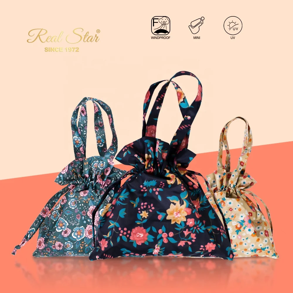 Real Star 5 fold 6 ribs sun and rain full printing overall flower umbrella with handbag