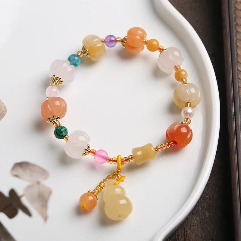 Ethnic Style Jade Bracelet 18K Copper Gold Plated Natural Stone Agate Bamboo Pumpkin Beads Gourd Topaz Pendant Bracelets