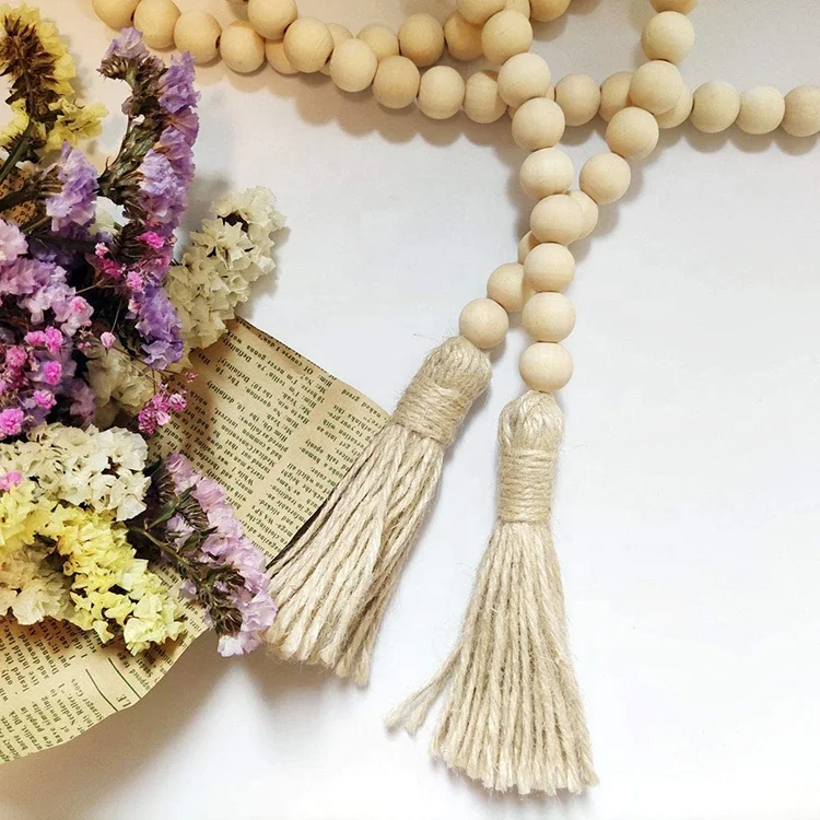 58in Wood Bead Garland with Tassels Farmhouse Beads Rustic Nature Country Decor Prayer Boho Beads Wall Hanging Decoration