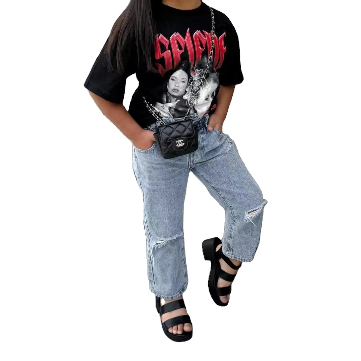 Zhuoyang Garment 2 to 14 years custom High Quality baggy jeans for girls light wash ripped children denim pants wide leg jean