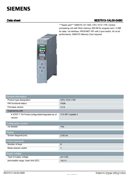Best price  S7-1500 CPU 1513-1 PN Central processing unit memory 300 KB 6ES7 513-1AL00-0AB0