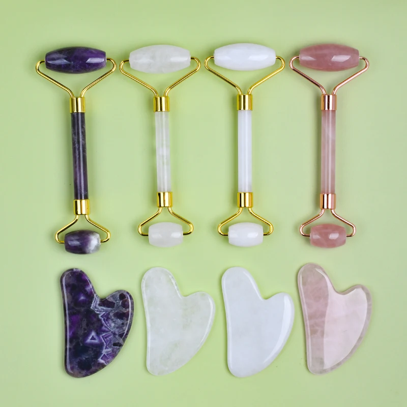 Crystal Jade Roller And Gua Sha Set Heart Shaped Guasha Stone And Jade Face Roller Custom Jade Roller And Gua Sha Massage Kit