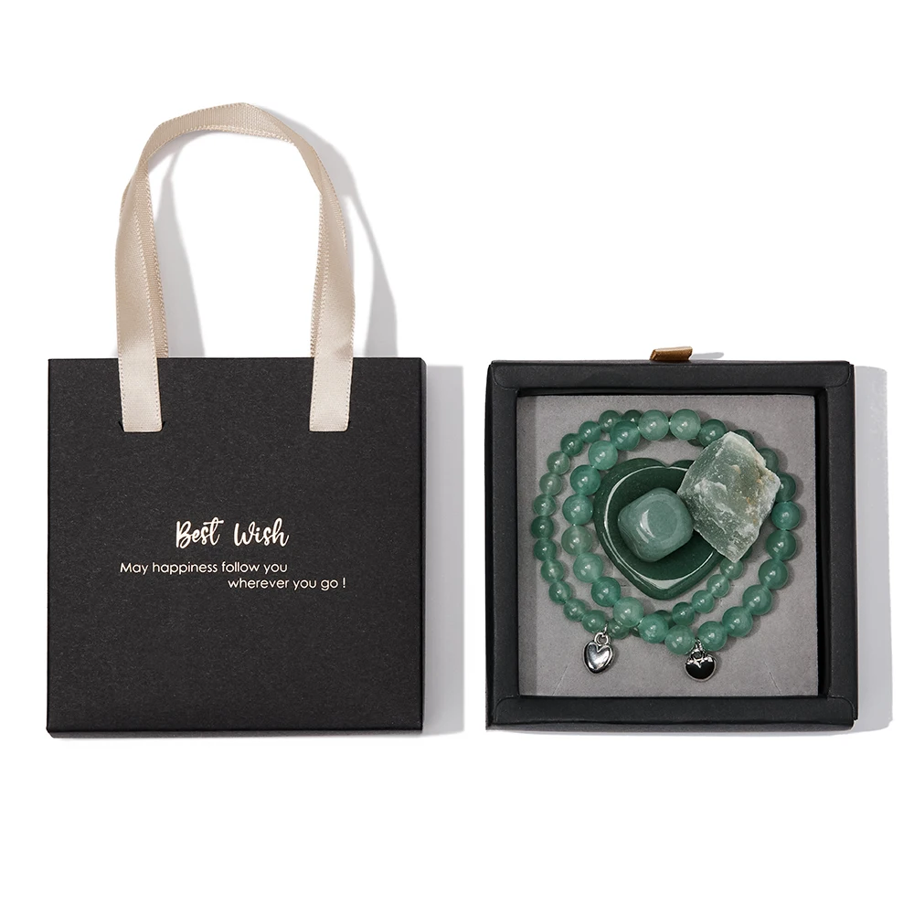 Hot Sale Gemstone Set Yoga Meditation Reiki 6mm 8mm Opalite Crystal Bead Bracelets Heart Love Worry Stone Set with Gifts Box Bag