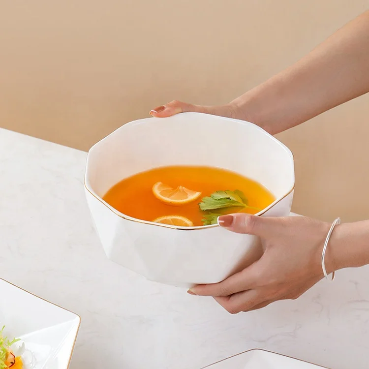 Simple nordic hexagonal ceramic  plates and bowls set luxury gold rim ceramic plates dinnerware sets