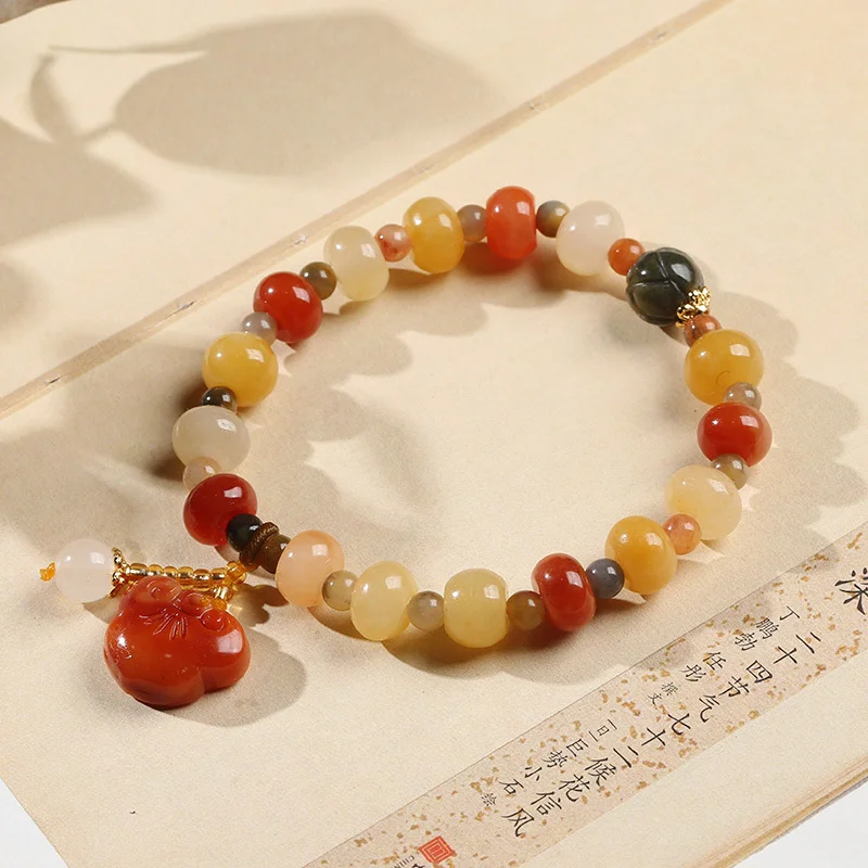Natural Gold Silk Jade Beaded Bracelets for Women Handmade Vintage Jewelry Female Safety Lock Pendent Chinese Jade Bracelet