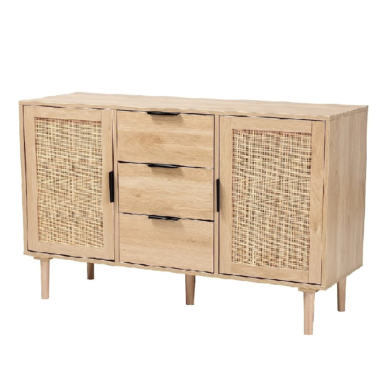 Rattan Sideboard with 2 Doors &3 Drawers Buffet Storage Cabinets with Adjustable Shelving and Wine Rack