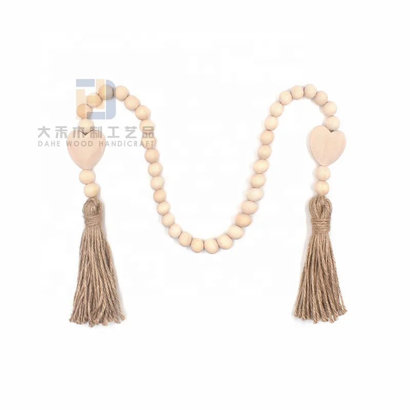 Factory Wooden Heart Shaped Natural Color Rustic Long Wood Bead Garland with Tassels for Home Decoration Wall Hanging Gift