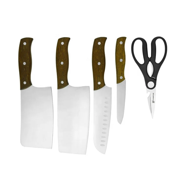 Chinese Messer Wholesale Walnut Wood 6 Pcs Kitchen Knife Set Scissor Chef Knife with Wooden Block