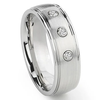 CHENG JEWELERS Wholesales 8mm Cobalt Chrome engagement wedding rings men oval three stone ring lab grown with brushed finished