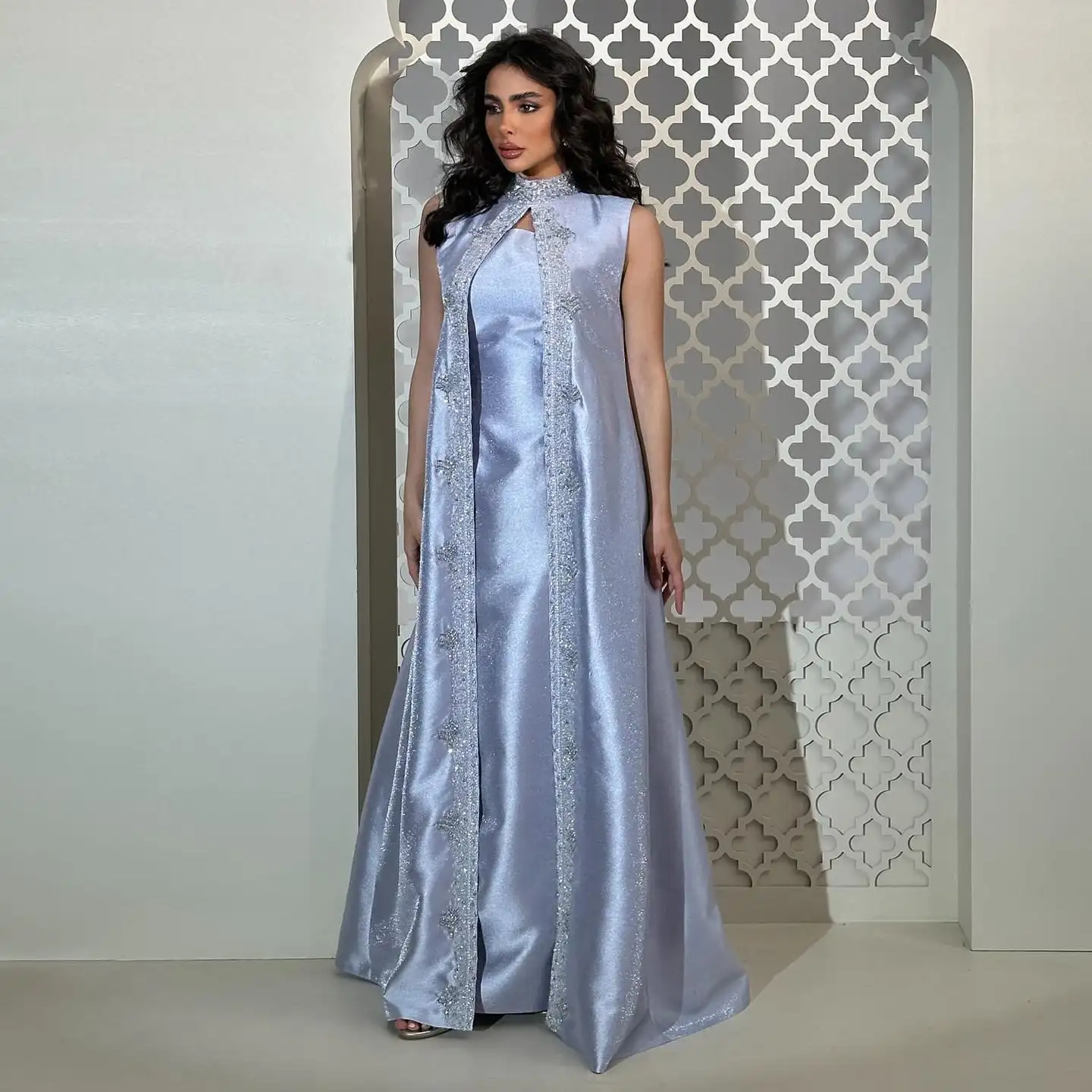 Ruolai  ASA-SS96  Elegant Arabic Lillac Evening Dresses with Detachable Cape Luxury Rhinestone Dubai  Wedding Party Gowns
