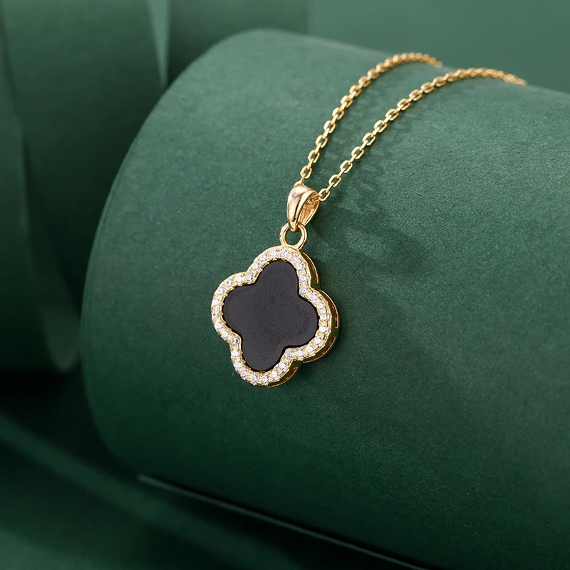 dropshipping jewelry silver 925 sterling four leaf clover natural lapis lazuli black agate 12*12 pendant women necklace