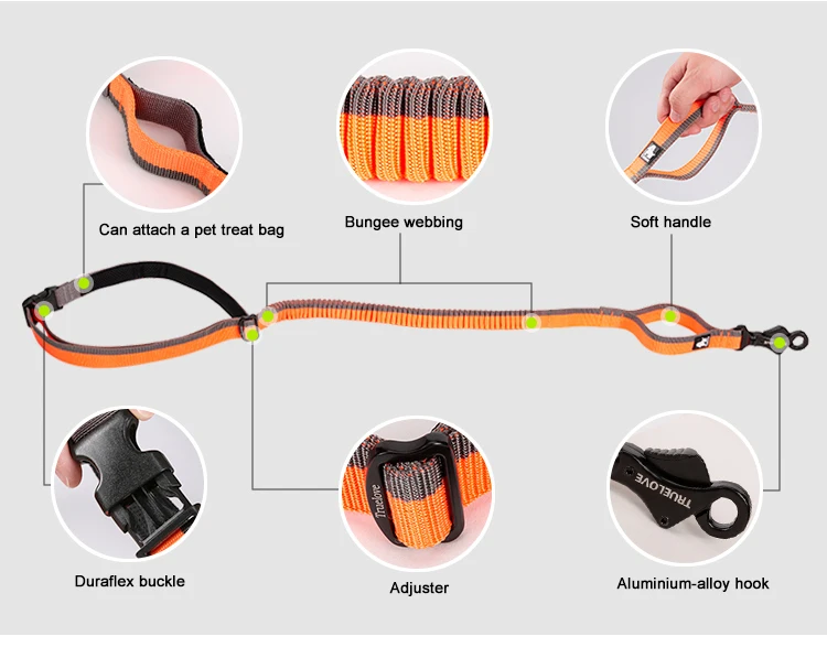 Truelove wholesale soft nylon dog rope leash adjustable hands free walking bungee leash for pet dog