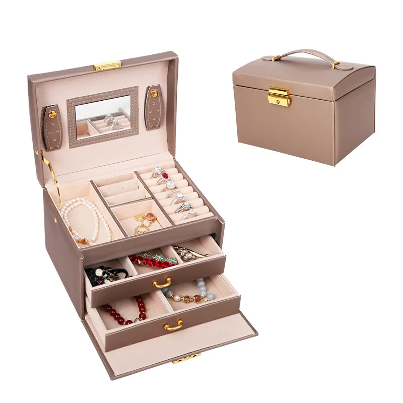 In stock 3 layers big jewelry case earrings necklace ring jewellery desktop storage box portable jewelry box