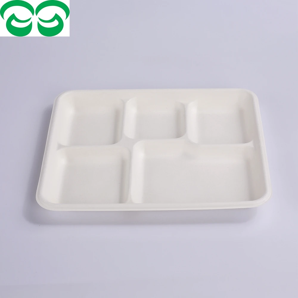 Free Samples Wholesales Eco-Friendly Microwavable Tray disposable Bagasse Paper Serving Trays with 5 Compartments