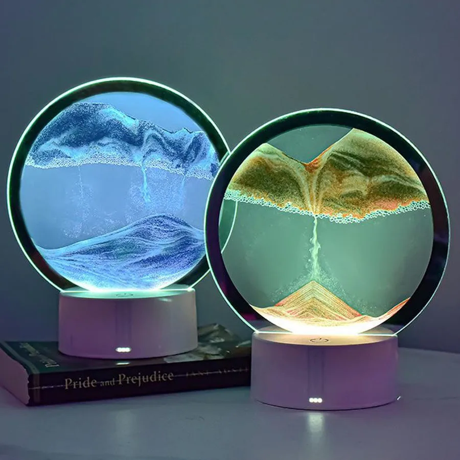 Led Quicksand Painting Table Lamp Art Bedside Night Light Round Sand Dynamic Glass Hourglass Table Lamp