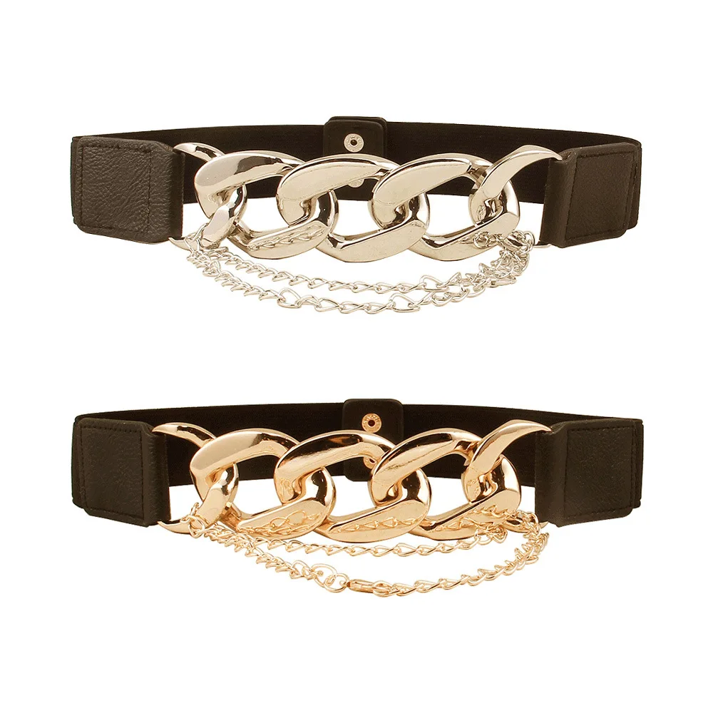 2022 2023 Sale Gold Chain Belts For Women Lady Hip Hop Multi Layer Elastic Cuban Link Chain Belt Pu Leather Waist Chain Belt