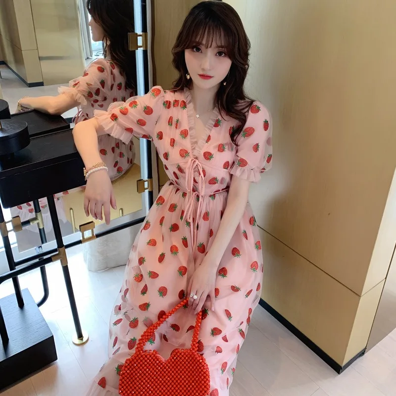 Summer Vacation Dresses Casual Girls Summer Strawberry Printed Pink Sweet Midi Dress