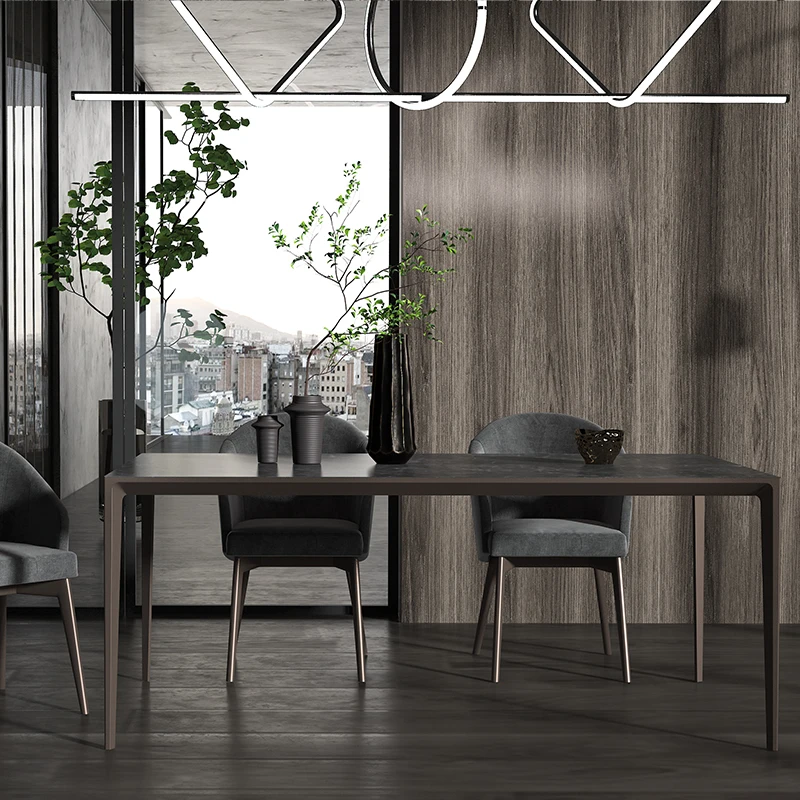 Modern living room furniture table wooden top metal frame painted colors porcelain slabs dining table