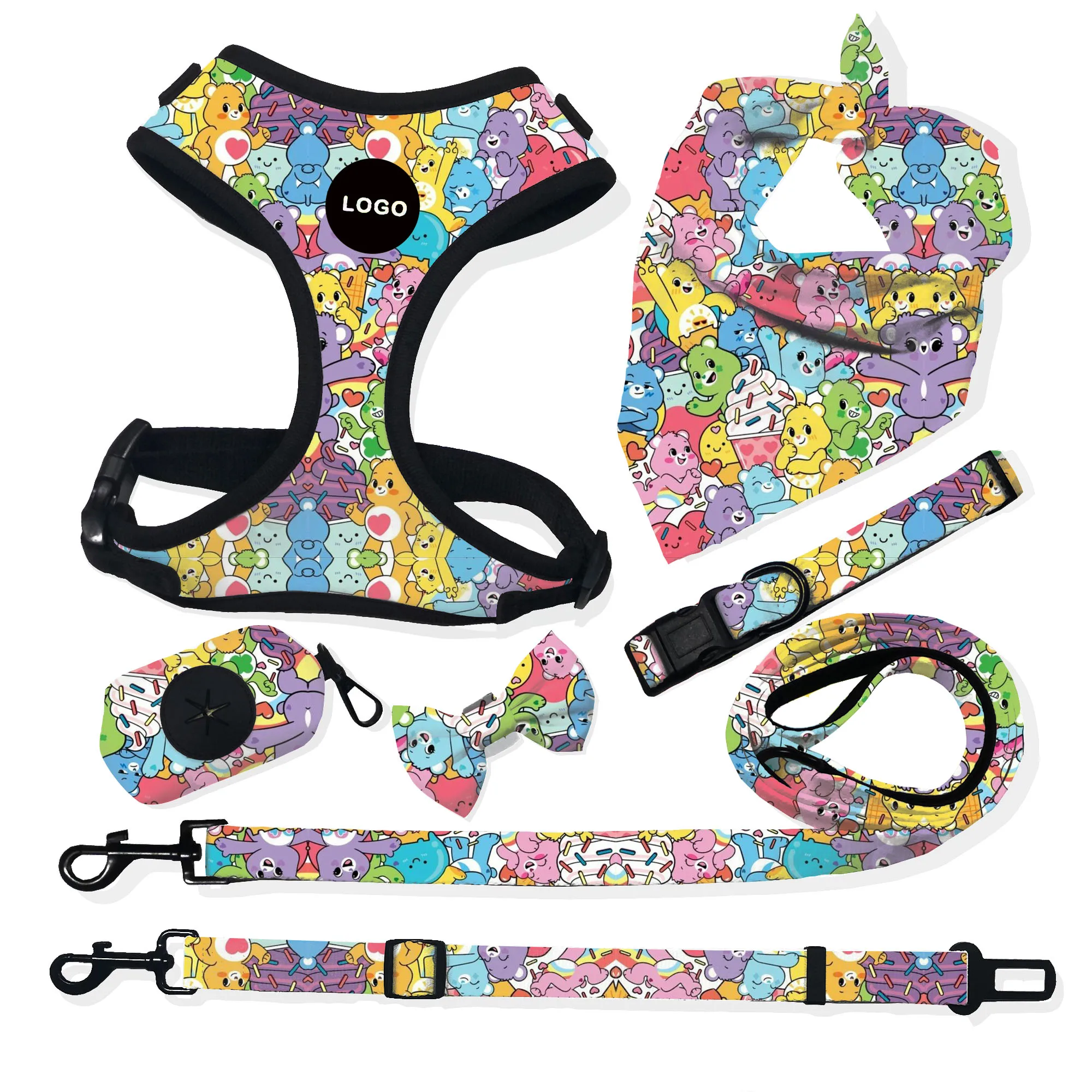 Hot Seller Custom adjustable collar bow leash harness and bandana sets