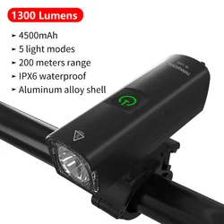 ThinkRider Waterproof 1300 Lumen 4500mAh USB Rechargeable Bike Light Led Front Flashlight Bicycle Light