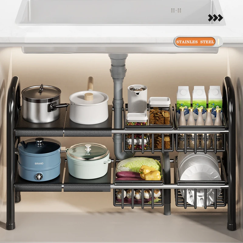 Kitchen Under Sink Organizers Rack 2 Tier Scalable Holder cookware pot storage rack multifunction basket racks