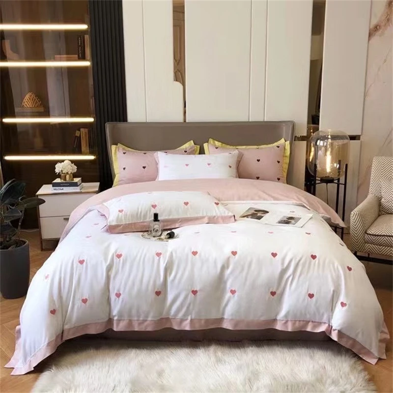 Pink Love Heart Embroidered Quilt Cover 4 Piece Set 100% Cotton Korean Girls Lovely Bedding Duvet Cover Cotton