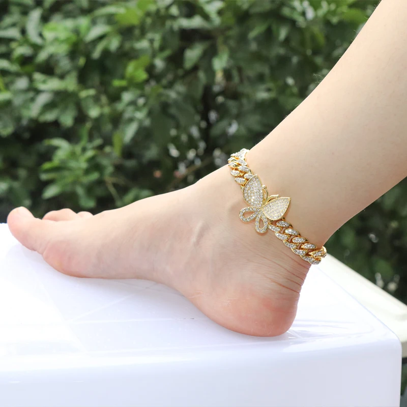 2022 New Arrival Hips Pops Cuban Chain Butterfly Ankle Bracelet Rose Gold Plated Rhinestone Crystal