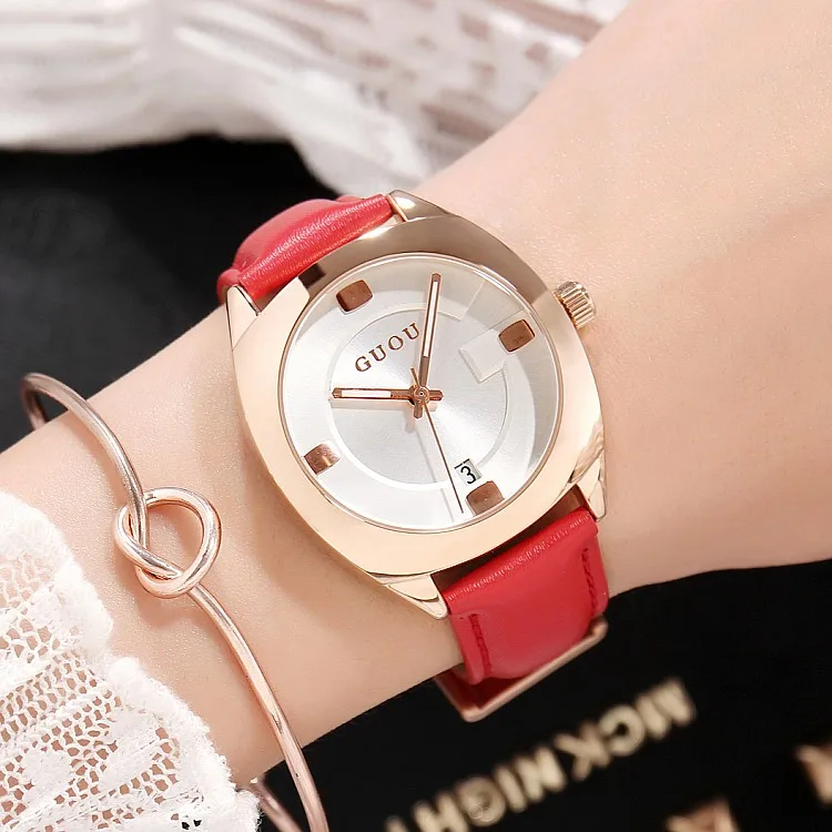 GUOU 8097 elegant guangzhou ladies quartz watch hot sale Genuine Leather band water resistant date display Casual wristwatch