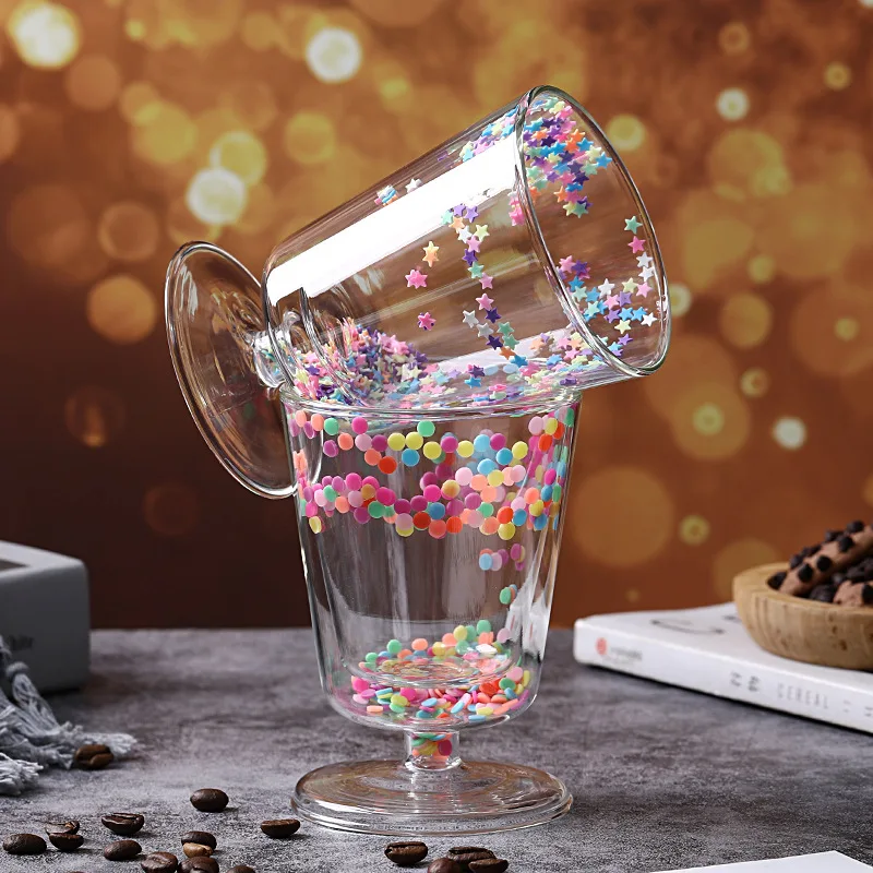 Handmade lovely cute double layer glass water coffee milk cup Borosilicate Insulated Stars Sequin Juice mugs for girl use