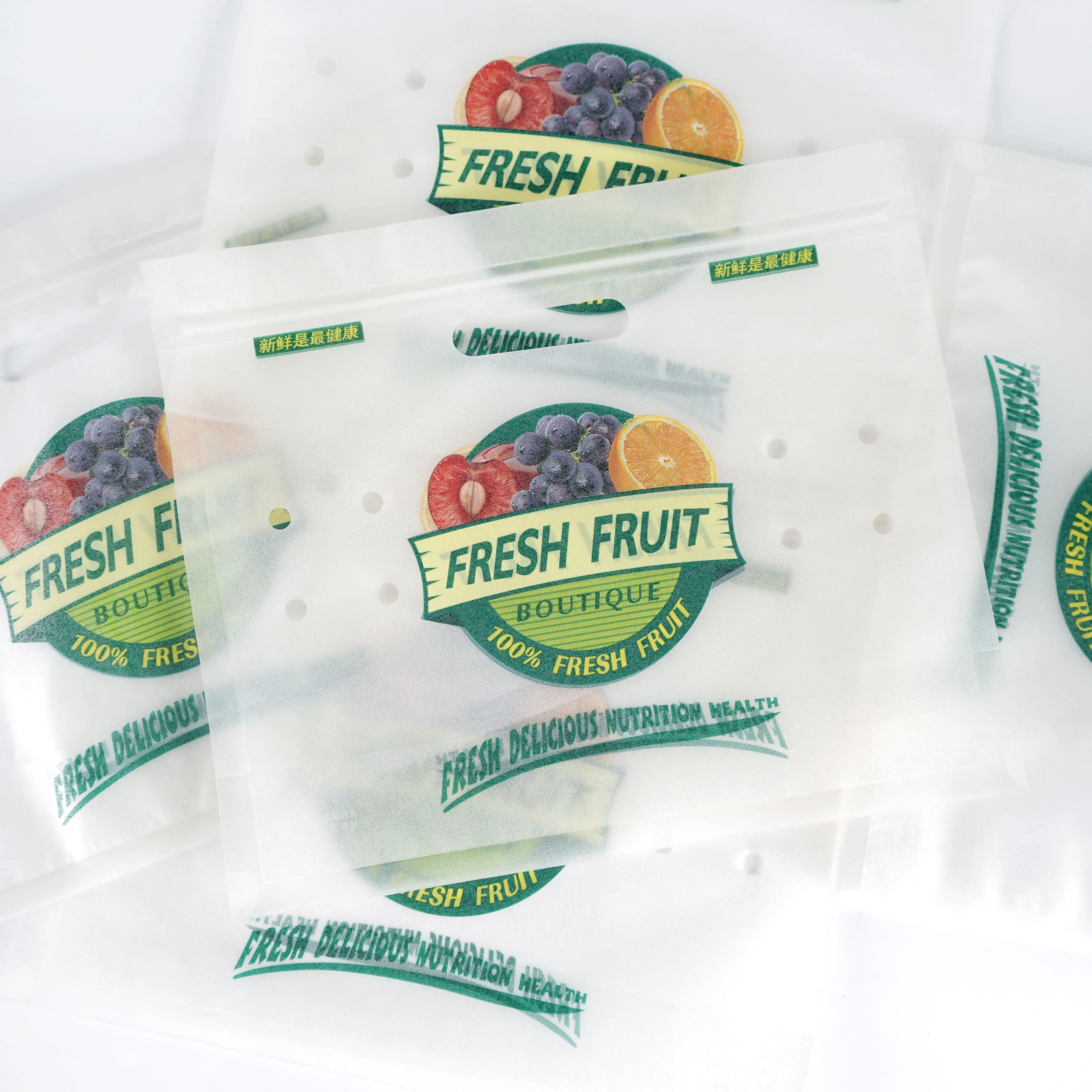 Factory Wholesale Resealable Fruits and Vegetables Perforated Bags Stand up Fresh Fruit Pouch with Vent Holes Packing Plastic Zi