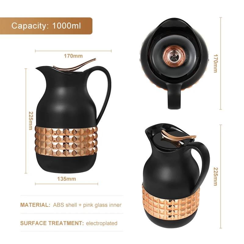 Everich Design 1000ml Insulated Teapot Electroplated Shell Arabic Coffee Dallah Pink Glass Inner Thermos Pot