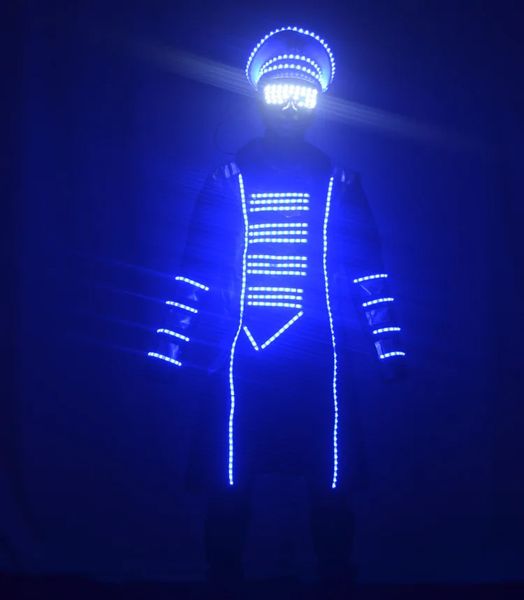 LED robot suit LED blue light clothes military uniform night club bar wine clothing  military cap KTV show future technology