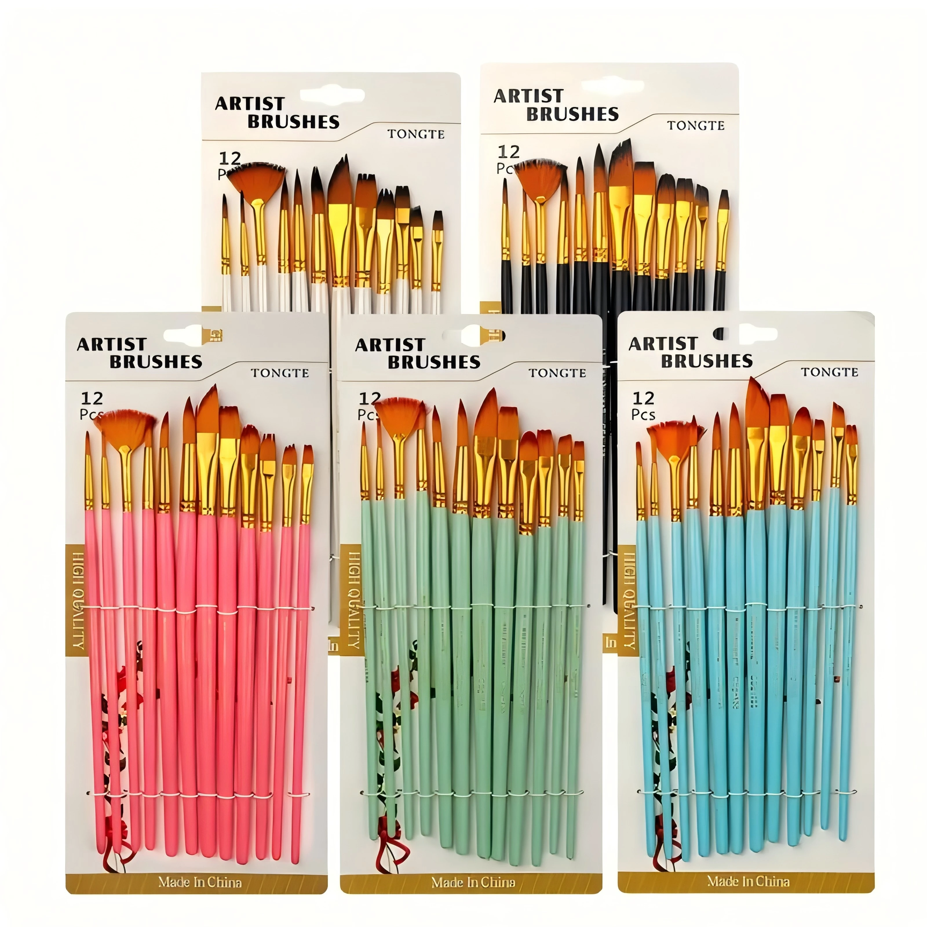 12pcs/set Mixed shape Wooden Handle Nylon Hair Art painting Brush Macaron Color Watercolor Gouache Artist Paint Brush Set