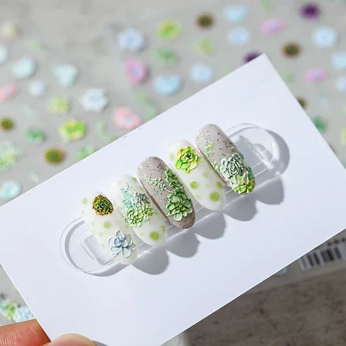 Spring Autumn 5d Engraved Nail Stickers Green Flower Nail Design Embossed Acrylic Nail Slider Gel Polish Decals