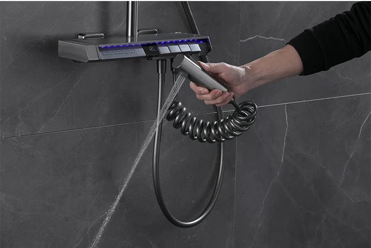 TikTok Hot Sale Piano Key LED Shower Set 5 Functions Brass Thermostatic Bathroom Shower Faucet Set