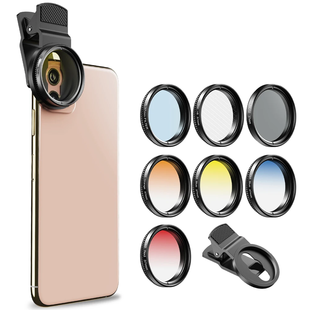 Universal Clip 37mm Gradient DSRL Camera Filter Lens Gradual Red Yellow Color CPL Star  7 in 1 Filter Kit for  All Smartphones