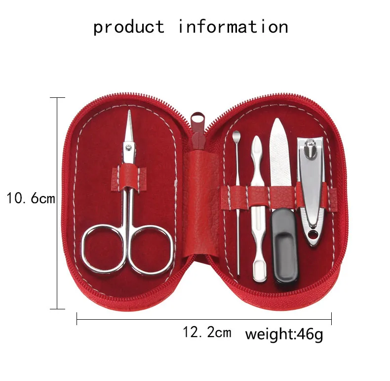 Customized Portable Stainless Steel Soft Red Leather Bag Rounded 5 in 1 PCS Pedicure Kits Personal Care Grooming Manicure Set