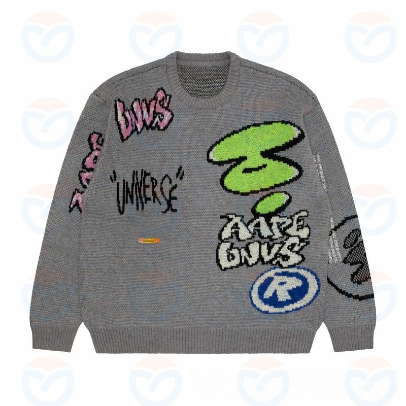 Custom OEM wool Intarsia knit jacquard pullover Embroidery logo knitted cotton oversized knitwear sweater for man