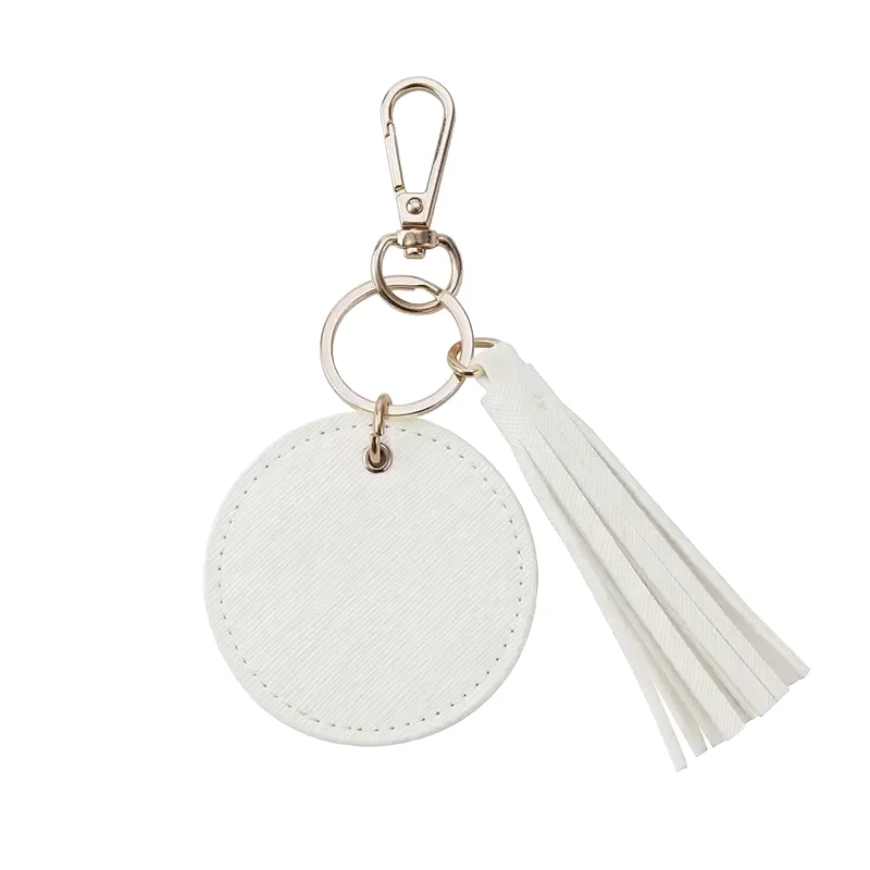 High Quality 2.5 Inch PU Leather Keychain with Tassel Zinc Alloy Keyring Custom Logo UV Printed Keychain
