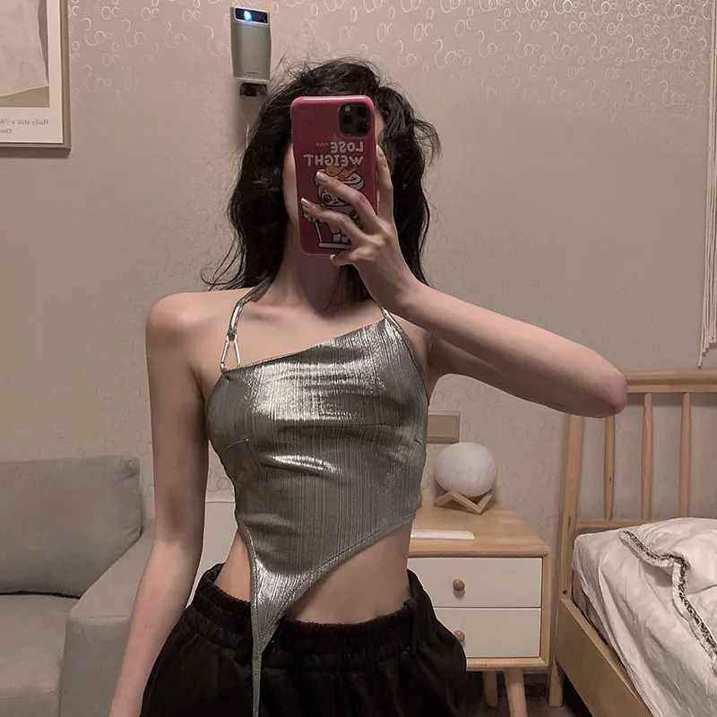 
Summer sexy vests silver halter sleeveless vests women fashion vests Hugh women sleeveless casual top 