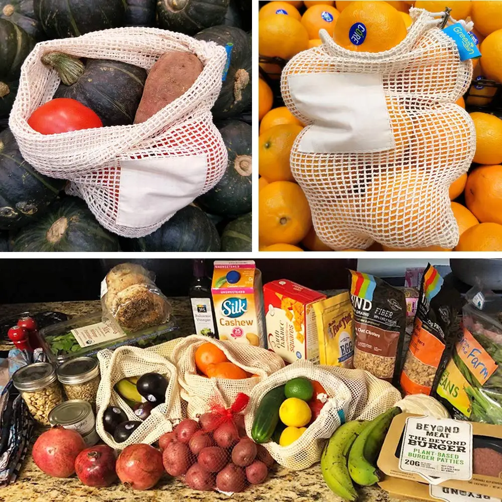 
Free Sample Custom Logo Cotton Mesh Bag Shopping Fruits Vegetable Drawstring Produce Bags 